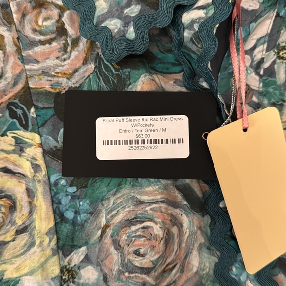 Entro Floral Puff Sleeve Ric Rac Mini Dress w/pockets - Picture 4 of 8